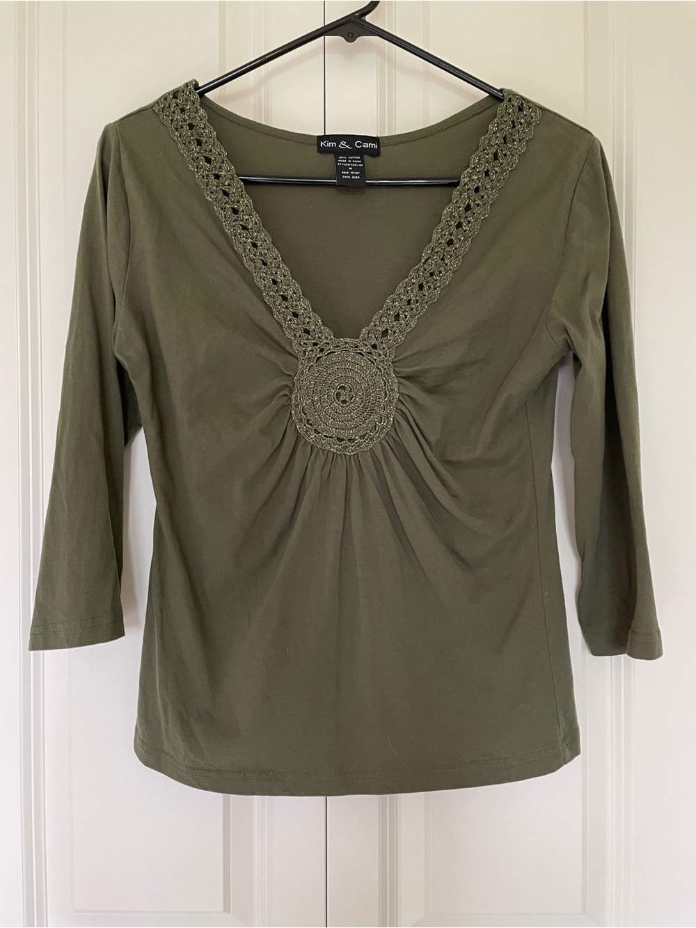 Kim & Cami Womens Y2K Olive Green Crochet V-Neck 3/4 Sleeve Size M